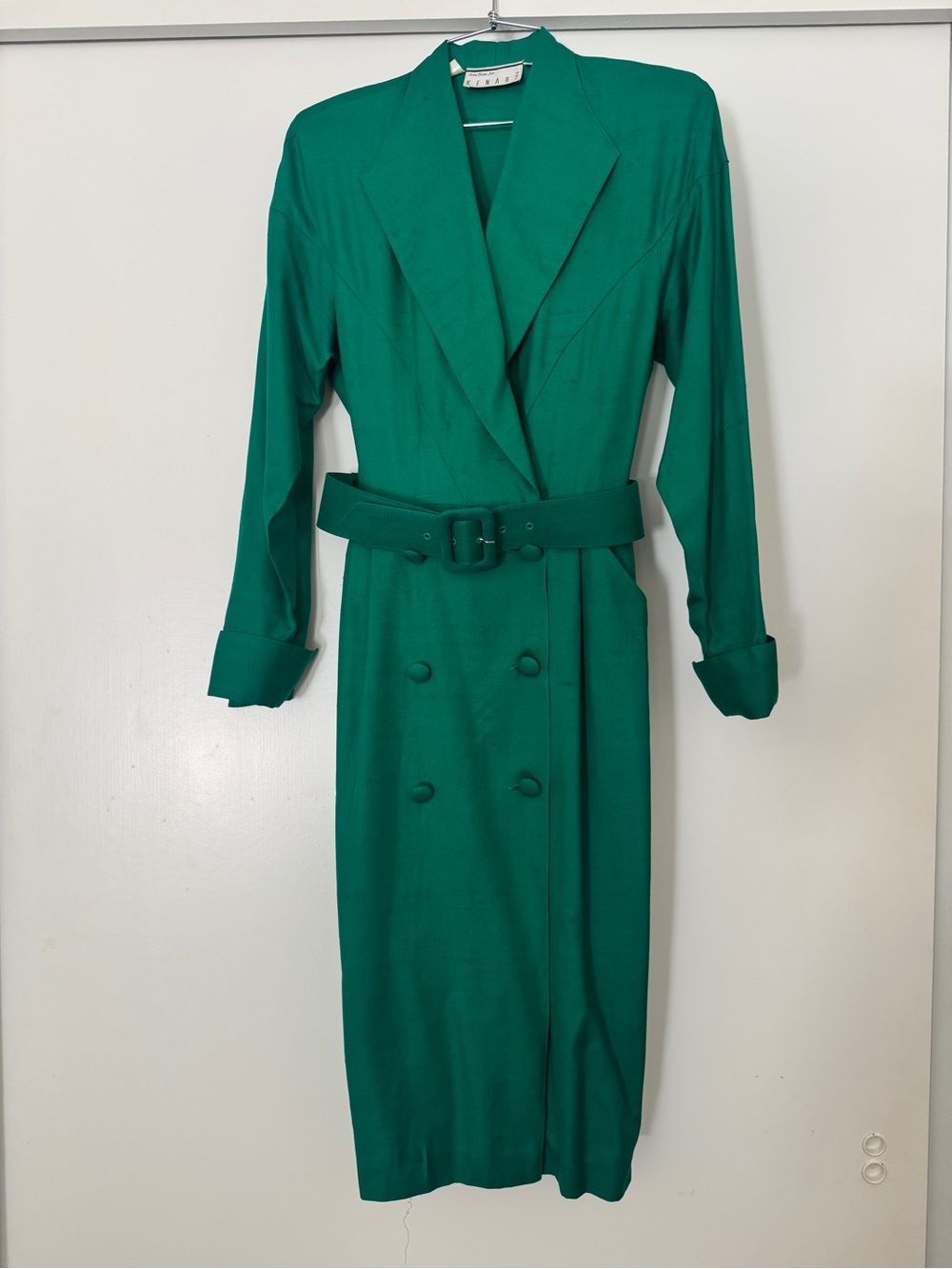 Vintage Kenar 2 Emerald Green Double-Breasted Silk Midi Dress with Belt 6
